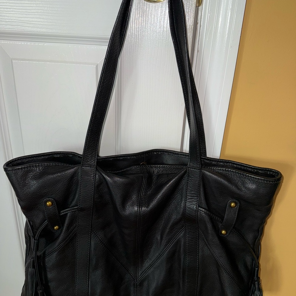 HOBO Black Leather Tote Bag with fur on the front